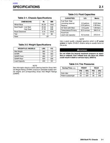 Buell P3 Blast Service Manual (2006) Sample Preview: Factory chassis specifications showing 1,404 mm wheelbase, 648/698 mm seat heights, 172 kg wet weight, 10.6-litre fuel capacity and fluid capacities