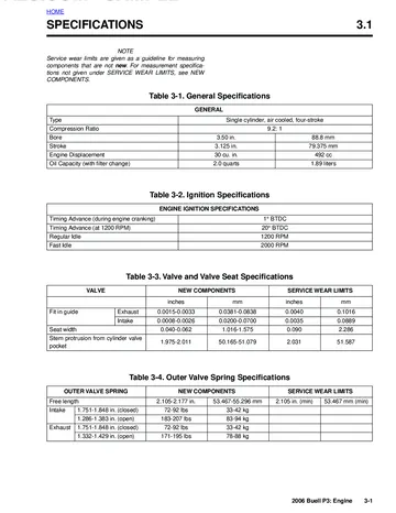 Buell P3 Blast Service Manual (2006) Sample Preview: Factory engine specifications showing 492 cm³ displacement, 88.8 × 79.375 mm bore and stroke, 9.2:1 compression and idle/ignition settings
