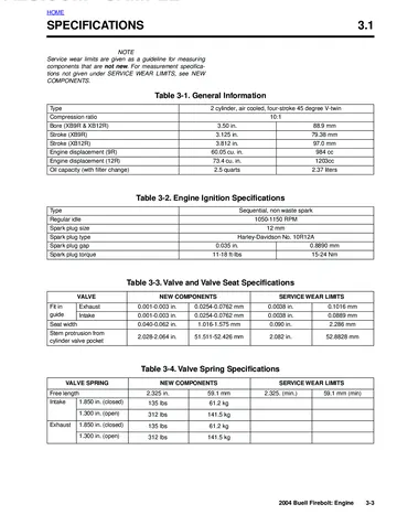 Buell XB9R/XB12R Firebolt Service Manual (2004) Sample Preview: Factory engine specifications comparing the 984 cm³ XB9R and 1,203 cm³ XB12R V-twins