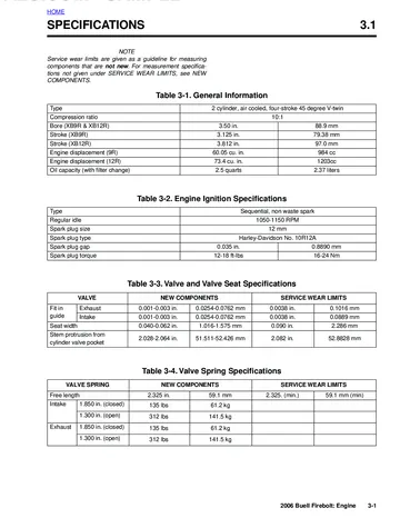 Buell XB9R/XB12R Firebolt Service Manual (2006) Sample Preview: Factory engine specifications comparing the 984 cm³ XB9R and 1,203 cm³ XB12R V-twins