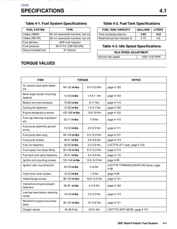 Buell XB9R/XB12R Firebolt Service Manual (2007) Sample Preview: Factory DDFI fuel-system specifications showing 45 mm XB9R and 49 mm XB12R intakes, 49-51 psi fuel pressure and 3.82-gallon fuel capacity