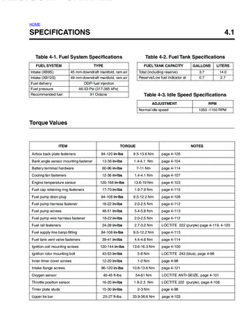 Buell XB9S/XB9SL/XB12S Lightning Service Manual (2004) Sample Preview: Factory DDFI fuel-system specifications showing 45 mm XB9 and 49 mm XB12 intakes, 46-53 psi fuel pressure and 3.7-gallon fuel capacity