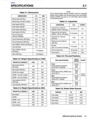 Buell Lightning XB9SX / XB12S / XB12Scg / XB12Ss Service Manual (2006) Sample Preview: Chassis specifications showing model-specific wheelbase, seat height, ground clearance, fuel capacity and wet weight for XB9SX, XB12S, XB12Scg and XB12Ss