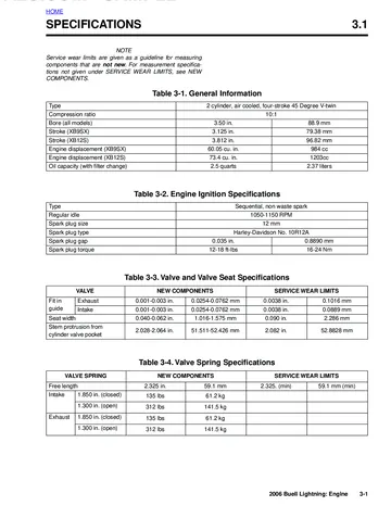 Buell Lightning XB9SX / XB12S / XB12Scg / XB12Ss Service Manual (2006) Sample Preview: Factory engine specifications for the 984 cc XB9SX and 1,203 cc XB12 models, including 88.9 mm bore, model-specific stroke and 10:1 compression