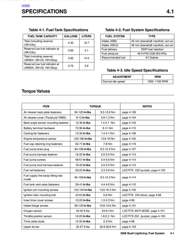 Buell Lightning XB9SX / XB12S / XB12Scg / XB12Ss Service Manual (2006) Sample Preview: DDFI fuel-system specifications showing 45 mm XB9 and 49 mm XB12 intake systems, 49-51 psi fuel pressure and model-specific fuel capacities