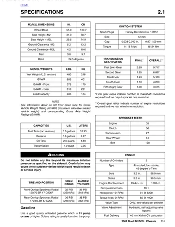 Buell M2 / M2L Cyclone Service Manual (2002) Sample Preview: Factory M2/M2L chassis specifications showing wheelbase, separate seat heights and ground clearances, capacities, tyres, engine data and transmission ratios