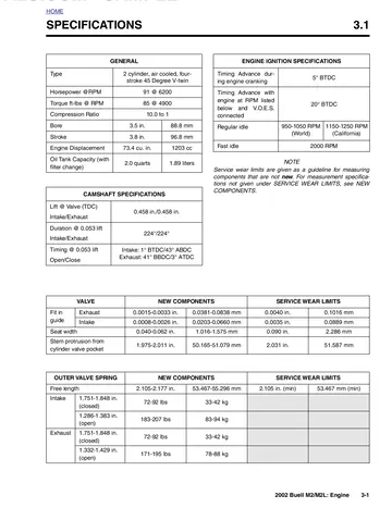 Buell M2 / M2L Cyclone Service Manual (2002) Sample Preview: Factory 1,203 cc V-twin engine specifications showing 10:1 compression, bore and stroke, 91 hp at 6,200 rpm and 85 lb-ft at 4,900 rpm