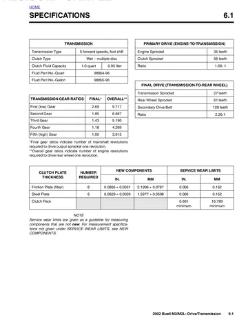 Buell M2 / M2L Cyclone Service Manual (2002) Sample Preview: Five-speed transmission, wet multi-disc clutch, primary drive and 27/61 belt final-drive specifications