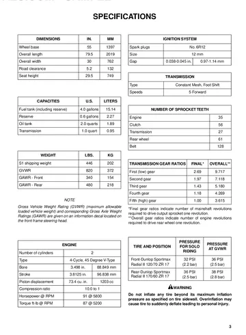 Buell S1 Lightning Service Manual (1996-1997) Sample Preview: 1997 supplement specifications showing 1,203 cc V-twin engine data, 91 hp / 87 lb-ft output, dimensions, capacities, tyres and five-speed gearing