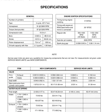 Buell S1 Lightning Service Manual (1996-1997) Sample Preview: Factory engine specifications with 1,203 cc displacement, 88.9 × 96.82 mm bore and stroke, 10:1 compression, ignition settings and service wear limits
