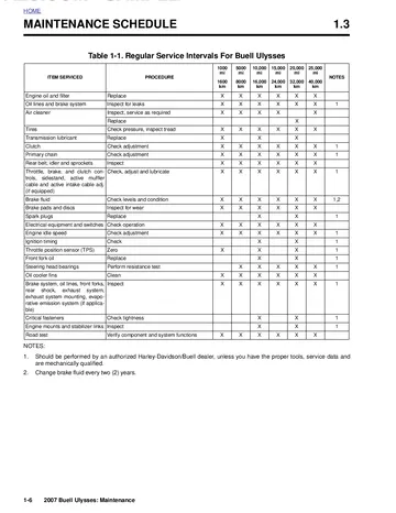 Buell XB12X Ulysses Service Manual (2007) Sample Preview: Factory regular-service interval chart for the 2007 Buell XB12X Ulysses