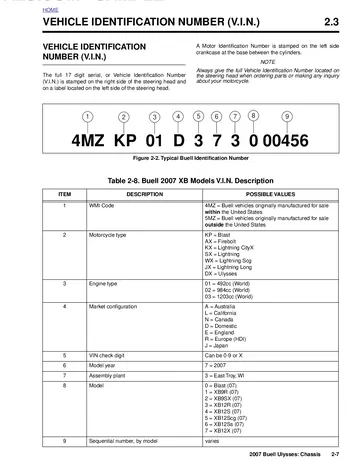 Buell XB12X Ulysses Service Manual (2007) Sample Preview: 2007 Buell VIN table showing Ulysses code DX, 1,203 cm³ engine code 03 and XB12X model code 7