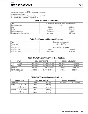 Buell XB12X Ulysses Service Manual (2007) Sample Preview: Factory engine specifications for the 1,203 cm³ air-cooled 45-degree V-twin