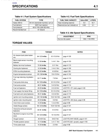 Buell XB12X Ulysses Service Manual (2007) Sample Preview: Factory DDFI fuel-system specifications including 49 mm intake, 49-51 psi fuel pressure and 4.4-gallon fuel capacity