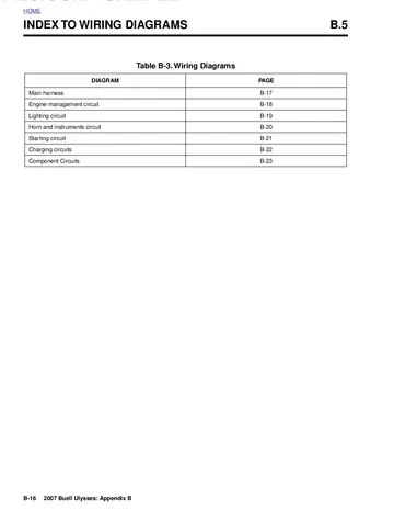 Buell XB12X Ulysses Service Manual (2007) Sample Preview: Factory index to the 2007 Ulysses wiring diagrams, including main harness, engine management, lighting, starting and charging circuits