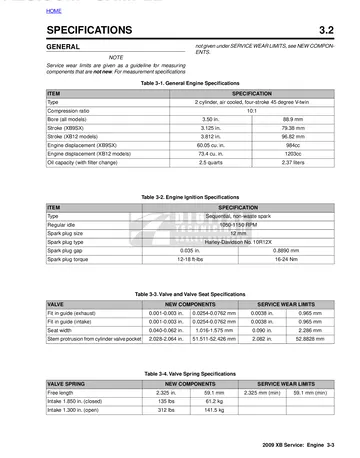 Buell XB Models Service Manual (2009) Sample Preview: Factory engine specifications for the 984 cm³ XB9SX and 1,203 cm³ XB12 Thunderstorm V-twins