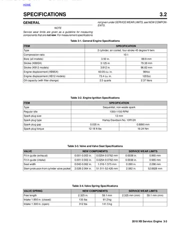 Buell XB Models Service Manual (2010) Sample Preview: Factory engine specifications for the 984 cm³ XB9SX and 1,203 cm³ XB12 Thunderstorm V-twins