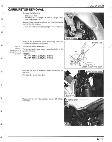 Honda CRF450X Carbureted Service Manual (2005-2012) Sample Preview: Keihin carburetor removal procedure from the factory fuel-system section