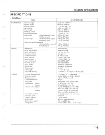 Honda VTX1300R / VTX1300S Service Manual (2003-2004) Sample Preview: Factory dimensions, chassis and 1,312 cc V-twin specifications from the VTX1300R/S service publication