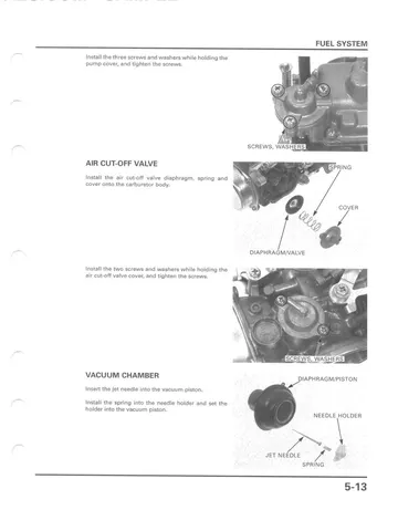 Honda VTX1300R / VTX1300S Service Manual (2003-2004) Sample Preview: Single-carburetor fuel-system service procedure showing the air-cut valve and vacuum-chamber components