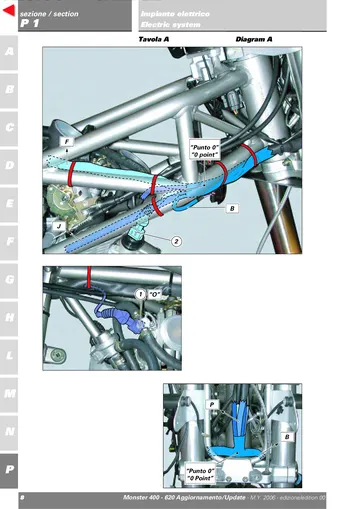 Ducati Monster 400/620 i.e. Service Manual Update (2006) Sample Preview: Factory electrical Diagram A showing 2006 Monster wiring-harness routing and connector locations on the frame