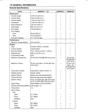 Kawasaki ER-5 Service Manual (2001–2005) Sample Preview: General Specifications: 498 cc Parallel-Twin