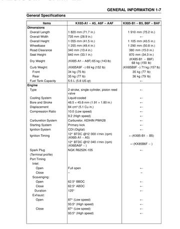 Kawasaki KX85 / KX85-II (2001–2010) / KX100 (2001–2009) Service Manual Sample Preview: KX85 / KX85-II General Specifications