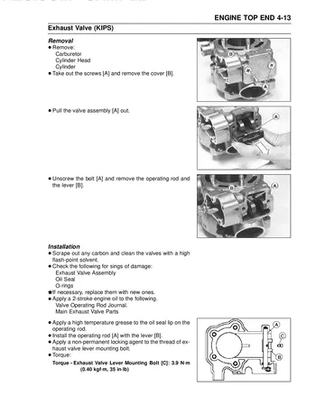 Kawasaki KX85 / KX85-II (2001–2010) / KX100 (2001–2009) Service Manual Sample Preview: KIPS Exhaust Valve Removal and Installation