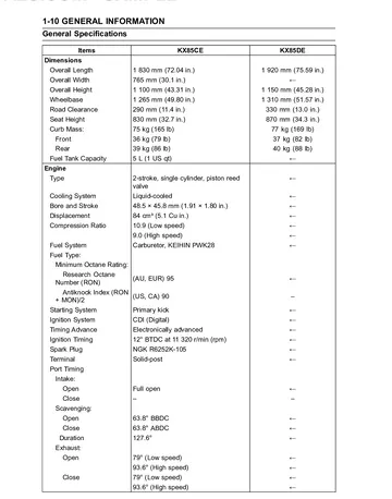 Kawasaki KX85 / KX85-II / KX100 Service Manual (2014) Sample Preview: KX85 / KX85-II General Specifications