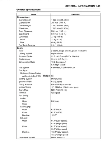 Kawasaki KX85 / KX85-II / KX100 Service Manual (2014) Sample Preview: KX100 General Specifications