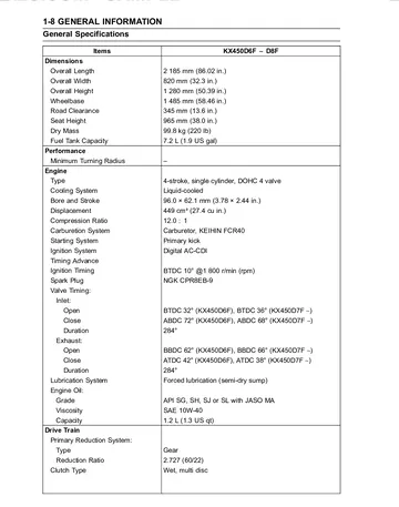 Kawasaki KX450F Service Manual (2006–2008) Sample Preview: General Specifications: 449 cc KX450D6F–D8F