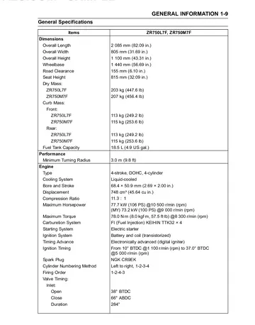 Kawasaki Z750 / Z750 ABS Service Manual (2007–2010) Sample Preview: General Specifications: 748 cc Engine and Model Data