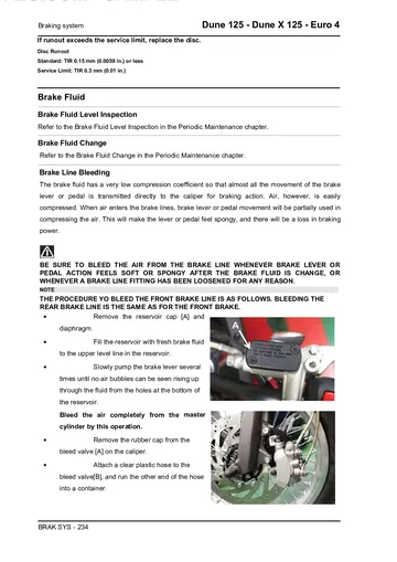 Malaguti Dune 125 / Dune X 125 Euro 4 Service Manual (2018-2020) Sample Preview: Hydraulic braking-system inspection and brake-line bleeding procedures