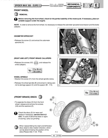 Malaguti Spider Max GT500 Service Manual (2006) Sample Preview: Front wheel, twin front brake discs, calipers and tightening specifications