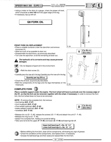 Malaguti Spider Max GT500 Service Manual (2006) Sample Preview: Front fork oil replacement, oil level and complete fork service information