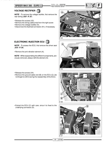 Malaguti Spider Max GT500 Service Manual (2006) Sample Preview: Voltage rectifier and electronic injection ECU removal and installation