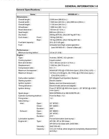 Kawasaki Vulcan VN1600 Classic Service Manual (2003–2004) Sample Preview: General Specifications: 1,552 cc V-Twin and Model Data