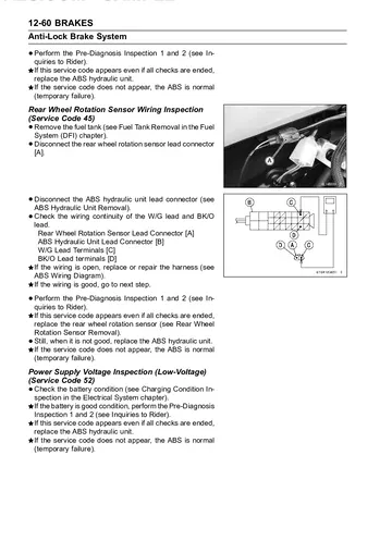 Kawasaki Ninja ZX-14R / ZZR1400 Service Manual (2016–2020) Sample Preview: Anti-Lock Brake System: Sensor and Hydraulic Unit Diagnostics