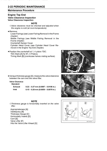 Kawasaki Ninja ZX-14 / ZZR1400 Service Manual (2006) Sample Preview: Valve-clearance inspection procedure with intake and exhaust specifications