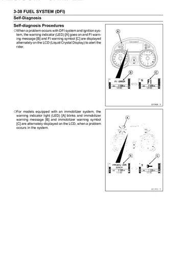Kawasaki Ninja ZX-14 / ZZR1400 Service Manual (2006) Sample Preview: DFI self-diagnosis procedure showing FI and immobilizer warning indications
