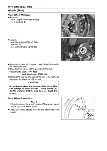Kawasaki Ninja ZX-14 / ZZR1400 Service Manual (2006) Sample Preview: Front wheel removal and installation procedure with caliper, axle and lifting instructions