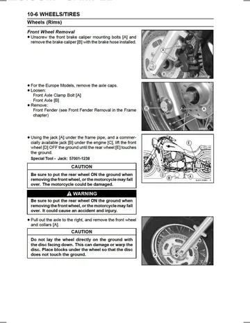 Kawasaki Vulcan 900 Classic / Classic LT VN900 Service Manual (2006) Sample Preview: Front wheel removal procedure with brake-caliper, axle and lifting instructions