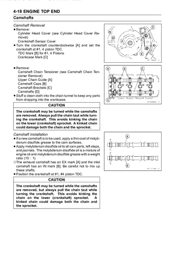 Kawasaki ZRX1200R / ZRX1200S / ZRX1200 Service Manual (2001–2007) Sample Preview: Camshaft removal and installation procedure with timing and cap diagrams