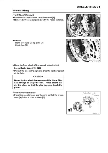 Kawasaki ZRX1200R / ZRX1200S / ZRX1200 Service Manual (2001–2007) Sample Preview: Front wheel removal and installation procedure with brake-caliper and axle instructions