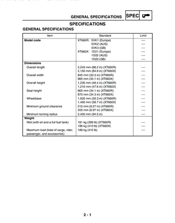 Yamaha XT660R / XT660X Service Manual (2004) Sample Preview: Factory XT660R / XT660X general specifications showing model codes, dimensions and wet weights for both 2004 variants