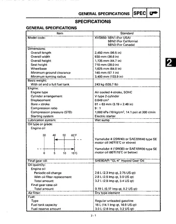 Yamaha V-Star 650 / XVS650 / DragStar Service Manual (1998) Sample Preview: Factory XVS650AK(C) specifications showing the 649 cm³ air-cooled SOHC V-twin, 81 × 63 mm bore and stroke and 9.0:1 compression ratio