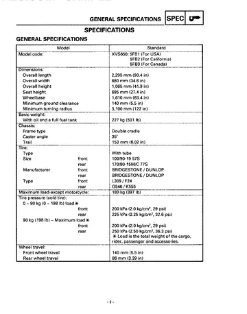 Yamaha V-Star 650 / XVS650 / DragStar Service Manual (1998) Sample Preview: XVS650K(C) supplementary specifications showing 5FB model codes and the standard-variant chassis dimensions