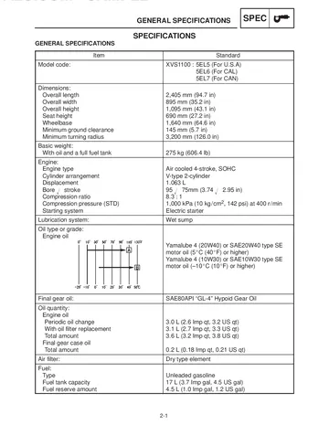 Yamaha V-Star 1100 / XVS1100 / DragStar Service Manual (1999-2006) Sample Preview: Factory XVS1100 specifications showing the 1063 cm³ air-cooled SOHC V-twin, 95 × 75 mm bore and stroke and 8.3:1 compression ratio