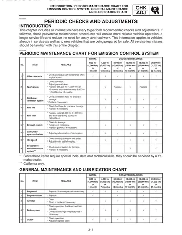 Yamaha V-Star 1100 / XVS1100 / DragStar Service Manual (1999-2006) Sample Preview: Yamaha periodic maintenance charts with factory inspection, replacement and lubrication intervals