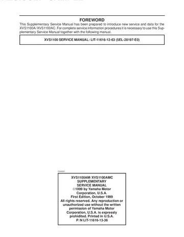 Yamaha V-Star 1100 / XVS1100 / DragStar Service Manual (1999-2006) Sample Preview: XVS1100A/XVS1100AC supplementary service-manual foreword and October 1999 publication information